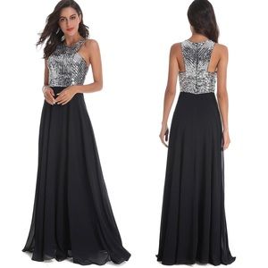 Women's Long Formal Sequin Chiffon Gown Prom Dress Black & Silver XL Beauty Kai